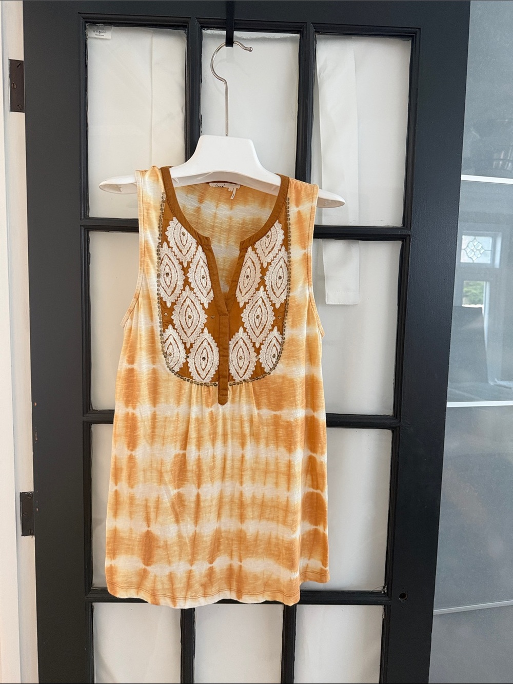 Anthro Floreat Mustard and White Tie-Dye Embroidered Tank